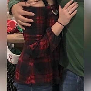 Off-Shoulder Red and Black Plaid Top